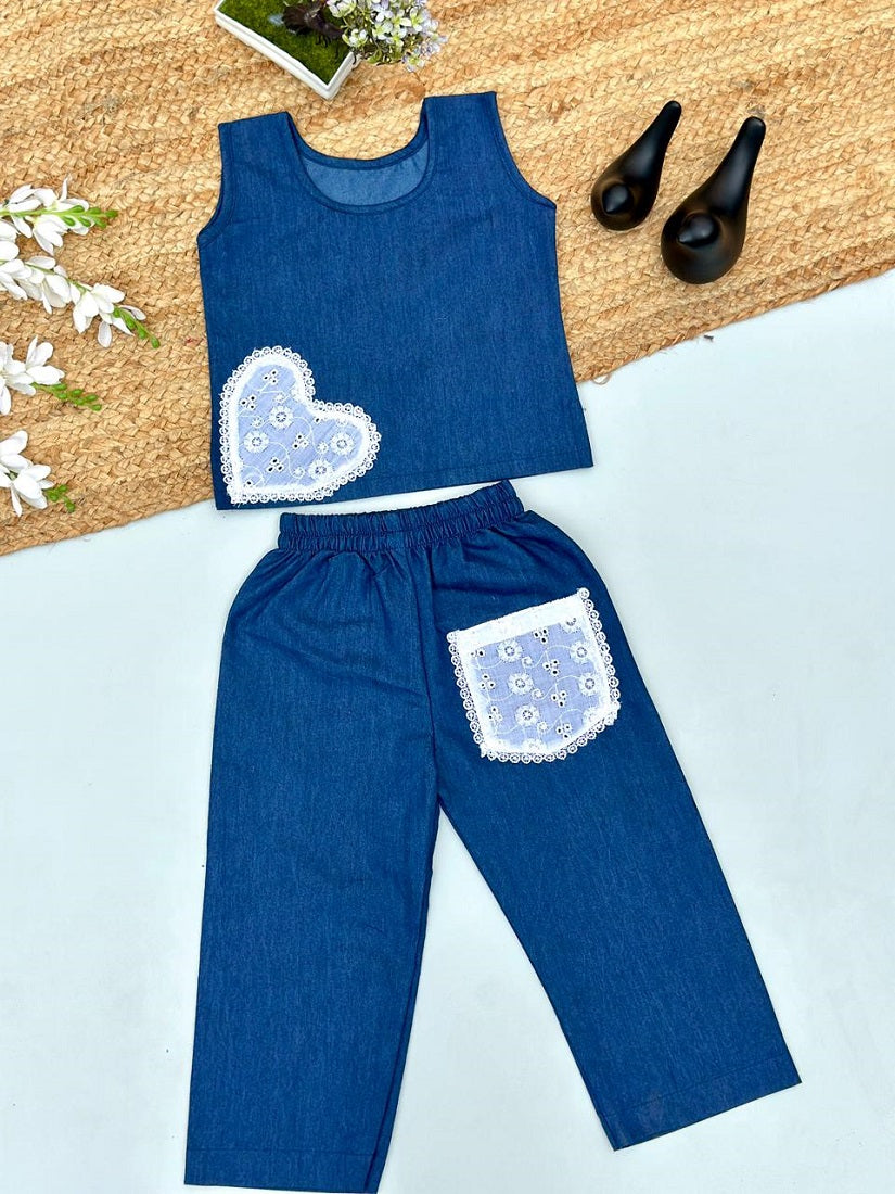 Evanik Blue Kids Denim Summer Co-Ord Set With Lace Heart & Pocket