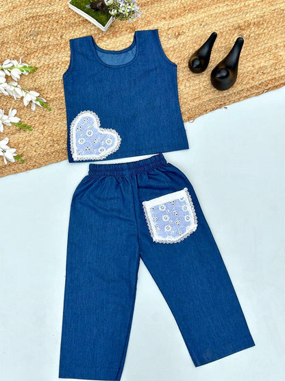 Evanik Blue Kids Denim Summer Co-Ord Set With Lace Heart & Pocket