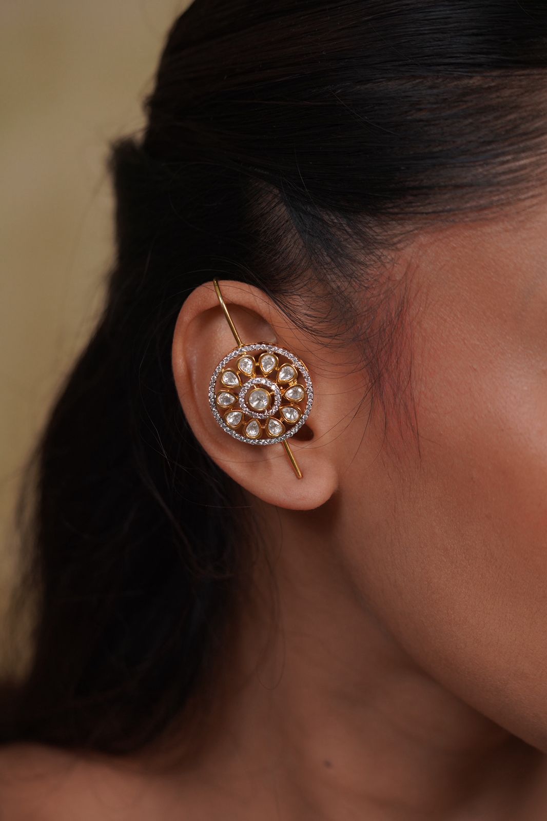 Round Polki Sui Dhaaga Cuff Statement Earrings