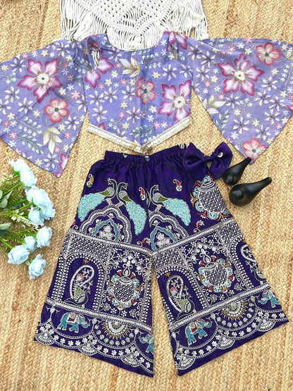 Evanik Lavender Chinon With Position Print And Embroidered Work Palazzo Set for Kids