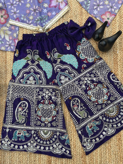 Evanik Lavender Chinon With Position Print And Embroidered Work Palazzo Set for Kids
