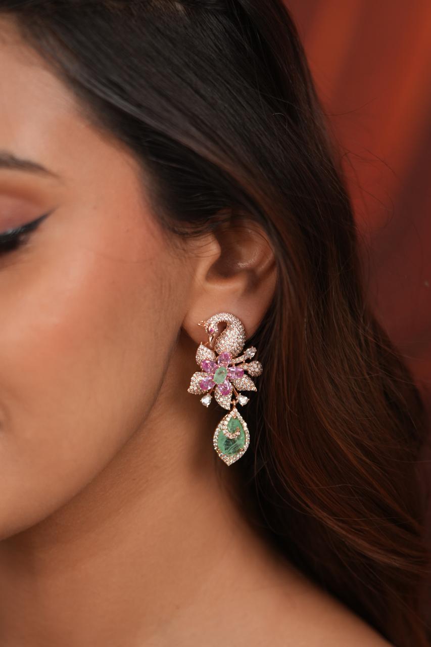 Floral Mirage Peacock Pastel Diamond Earrings | Enchanted Garden