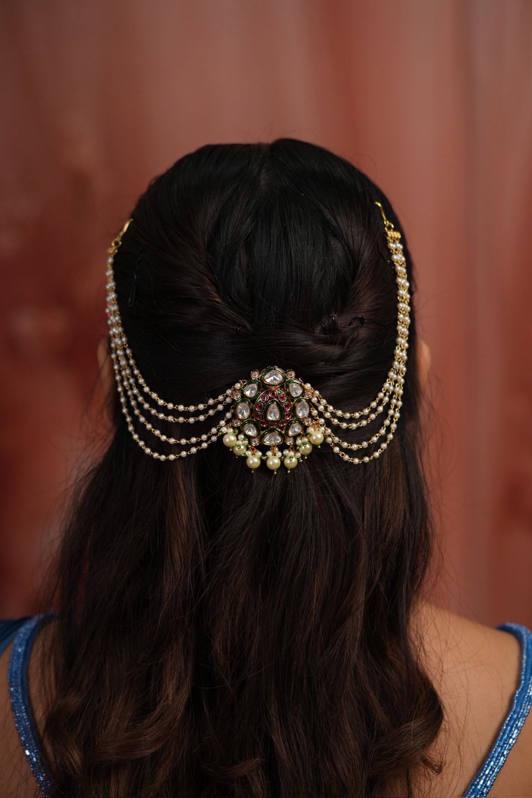 Ishara Polki Meenakari Hair Pin with Chain | Hair Kannauti