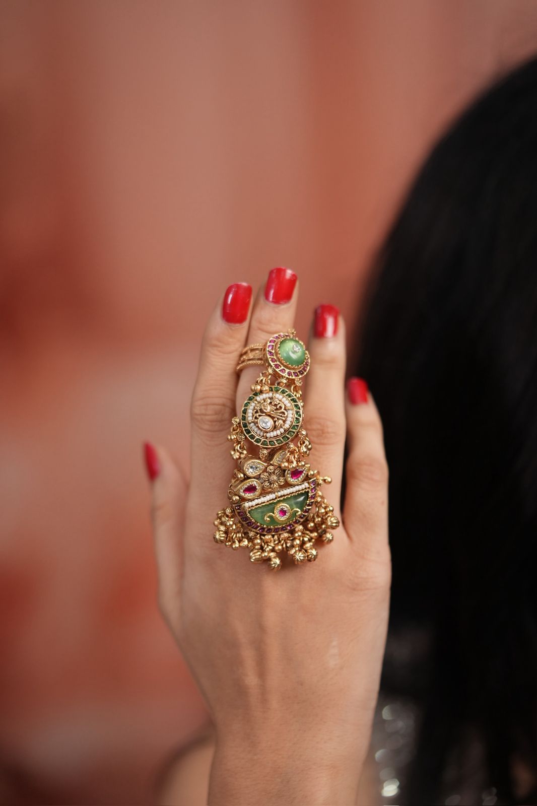 Lopamudra Gold Full Finger 3 Level Adjustable Ring | sone Pe Suhaga