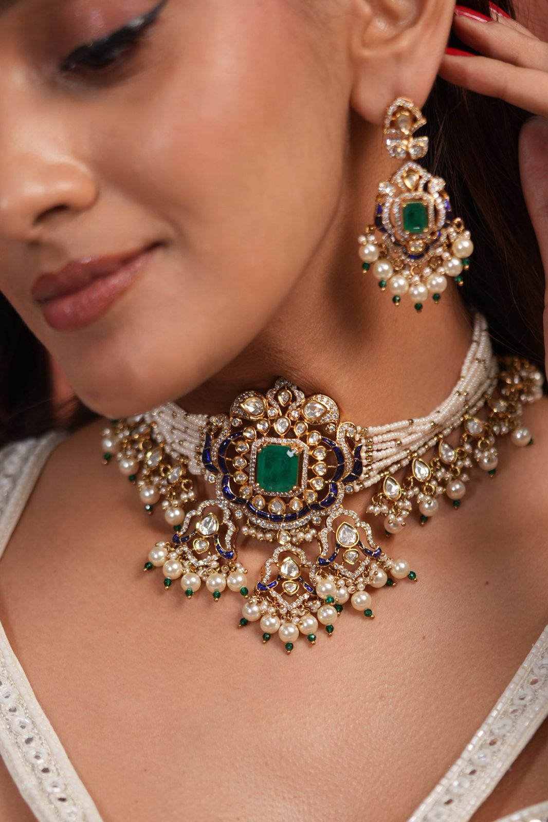 Bhairavi Pearl Moissanite Polki Meenakari Choker Set
