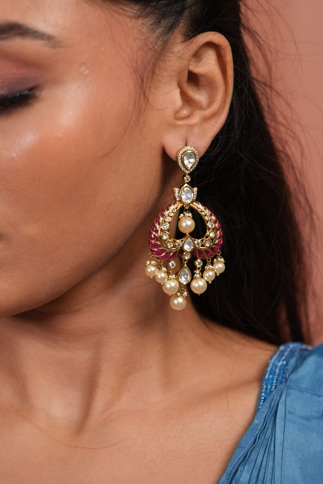 Dildooba Moissanite Polki Meenakari Chandbali Earrings