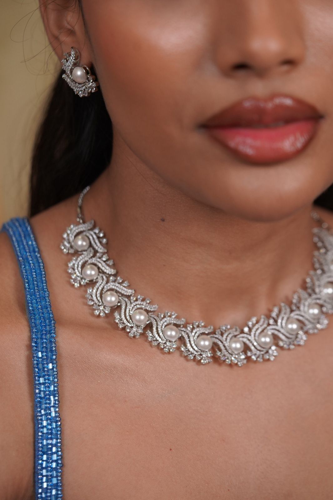 Lara Diamond Pearl Designer Necklace Set | Mid Sized
