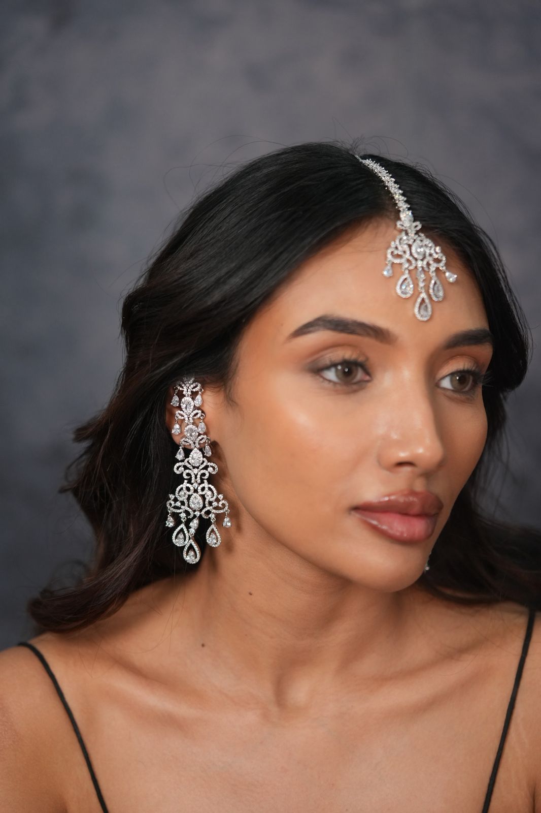 JagMohini Long Diamond Earrings With Maangtika