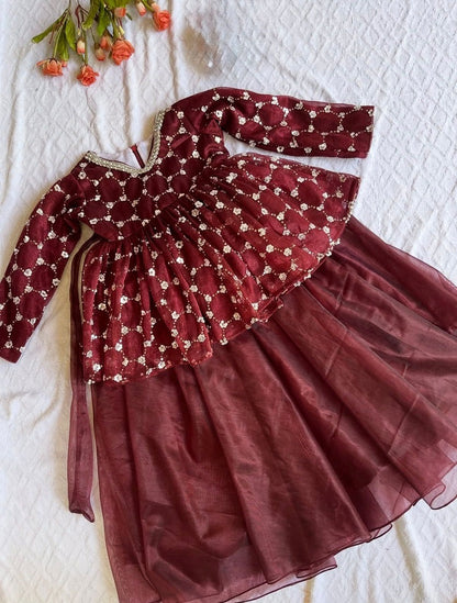 Evanik Maroon Embroidered Work Kids Twill Net Lehenga Choli Set