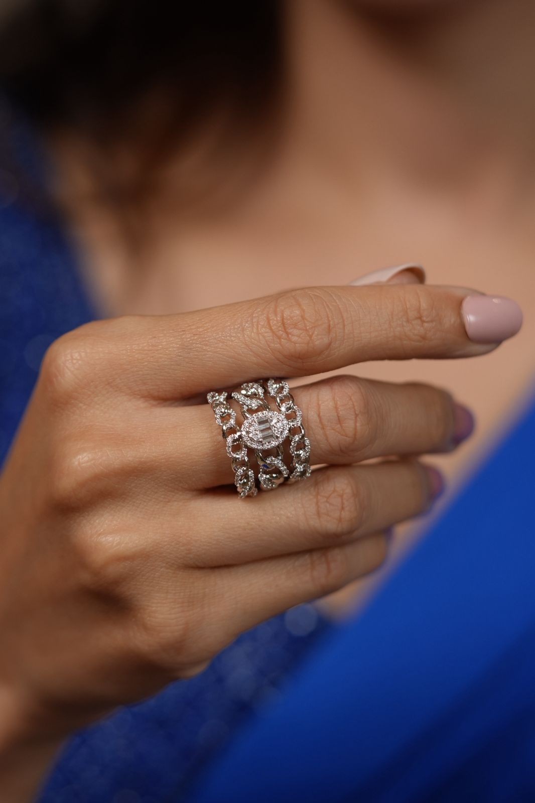 Cuban Oval 3 Row Band Diamond Ring