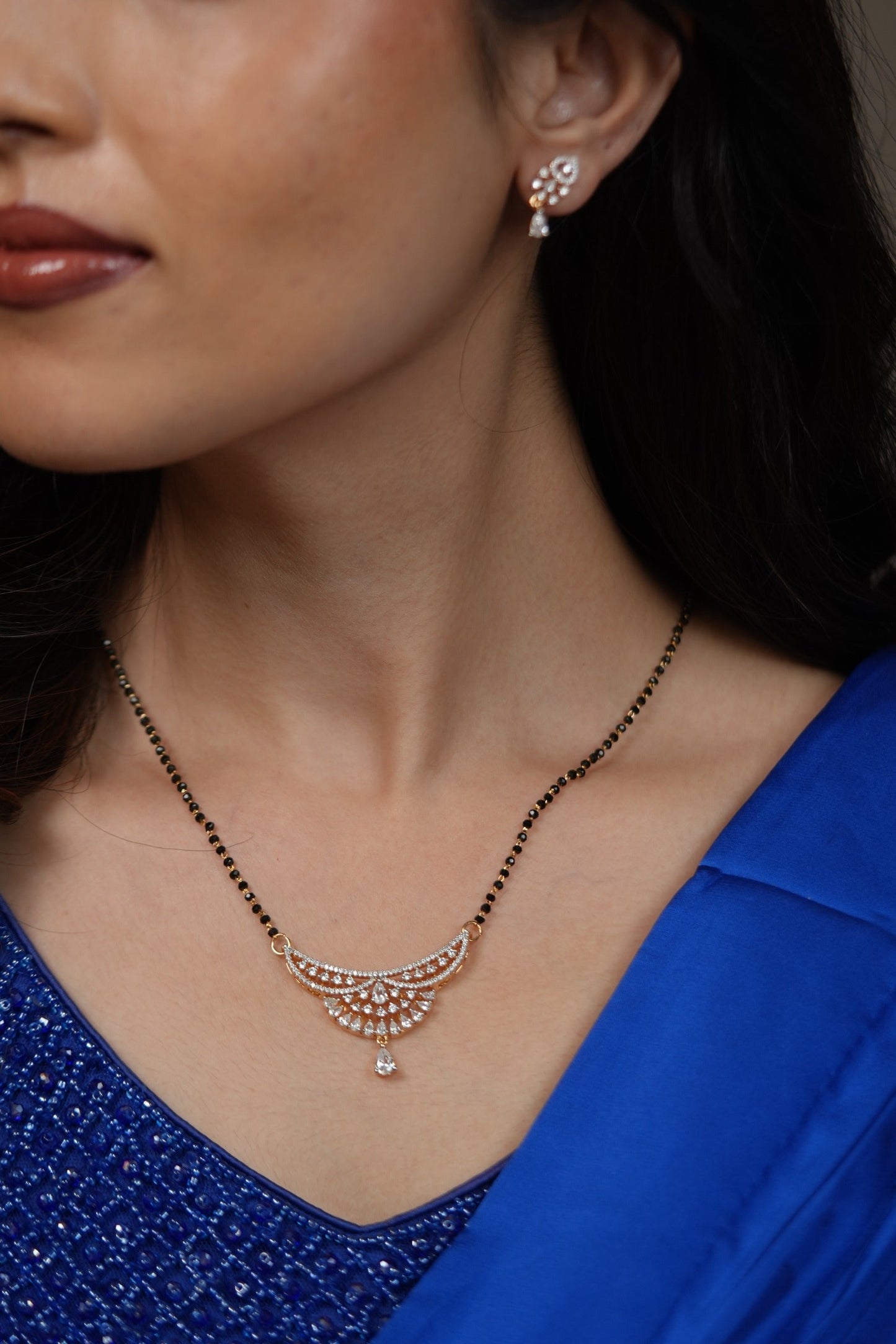 Humtum single Line Mangalsutra with Diamond Earrings | Daily Wear