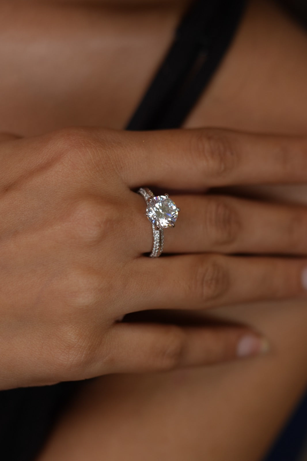 Jia 3 Carat Round Classic Solitaire Ring with Clustered Diamond Band