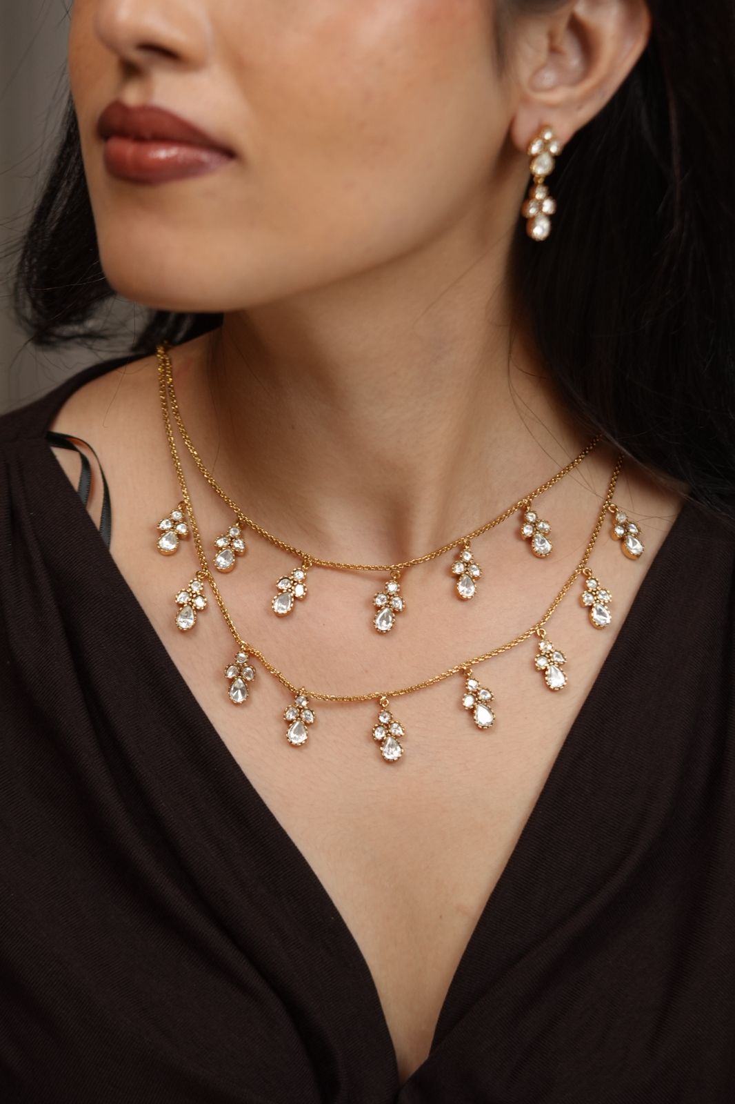 Samarth 2 Line Polki Drop Delicate Necklace Set