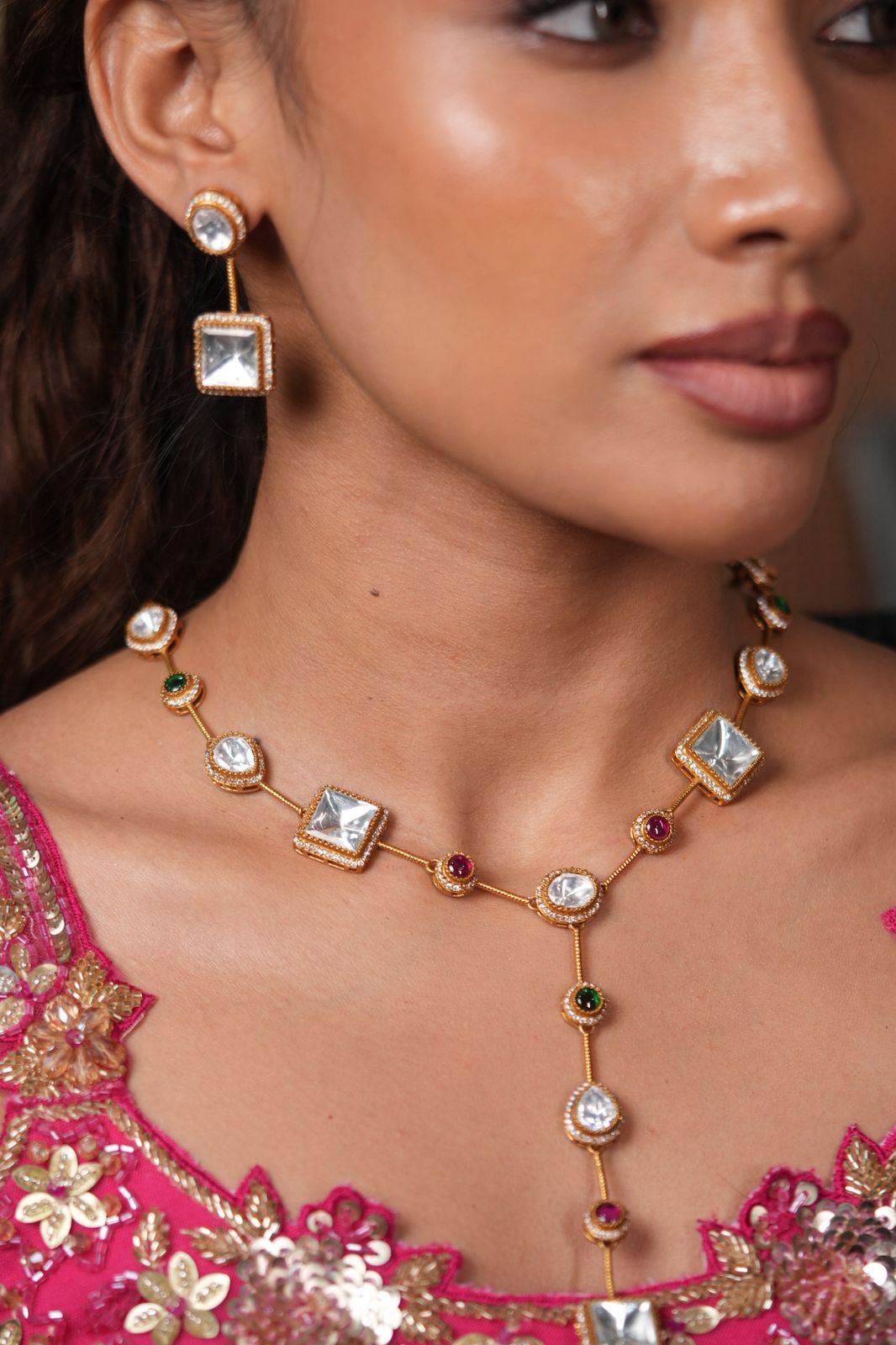 Nisha Long Statement Polki Drop Necklace with Earrings
