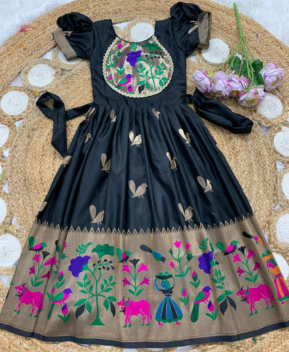Evanik Black Soft Paithani Silk Zari Weaving Birds Pattern Kids Gown