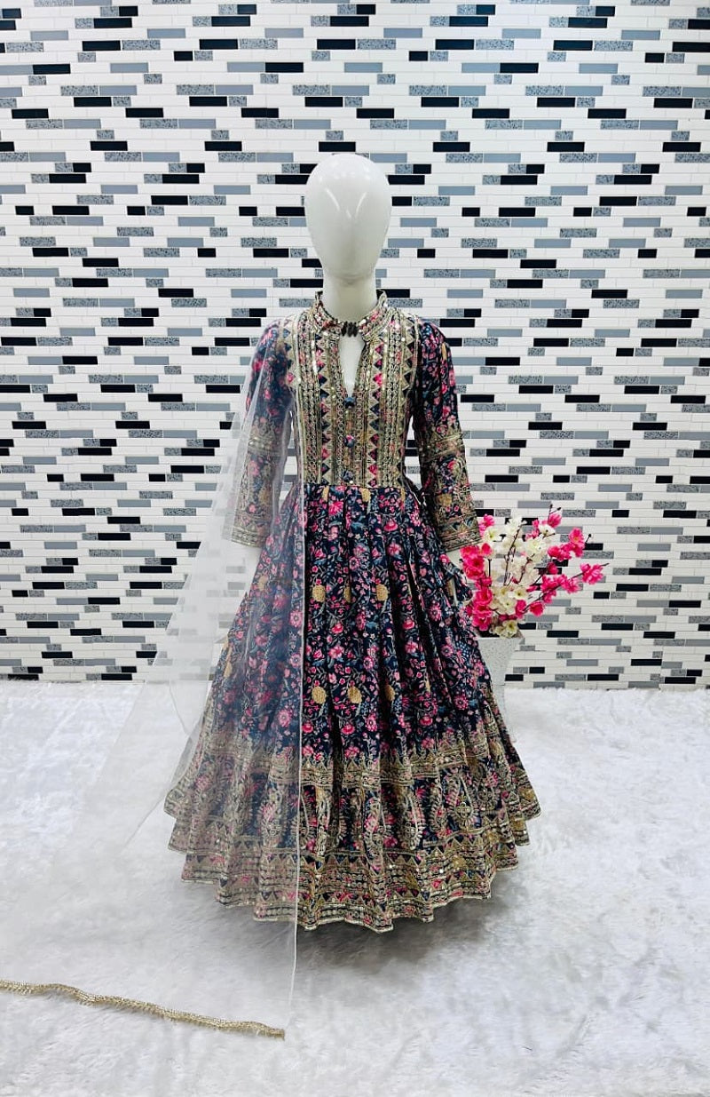 Evanik Black Kids Chinon Silk Digital Print With Embroidered Work Wedding Gown