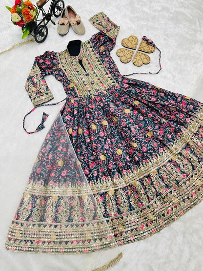 Evanik Black Kids Chinon Silk Digital Print With Embroidered Work Wedding Gown