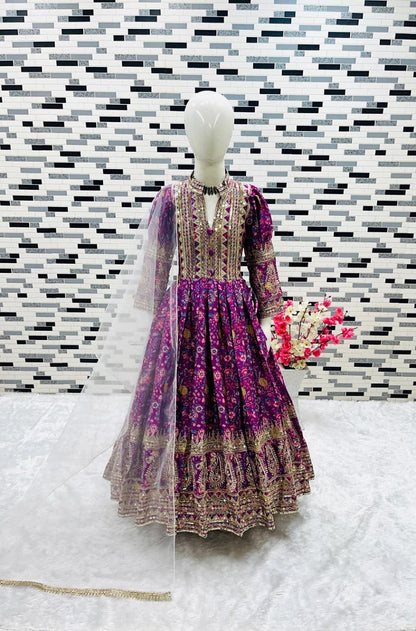 Evanik Purple Kids Chinon Silk Digital Print With Embroidered Work Wedding Gown