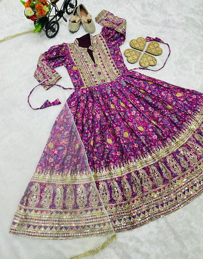 Evanik Purple Kids Chinon Silk Digital Print With Embroidered Work Wedding Gown