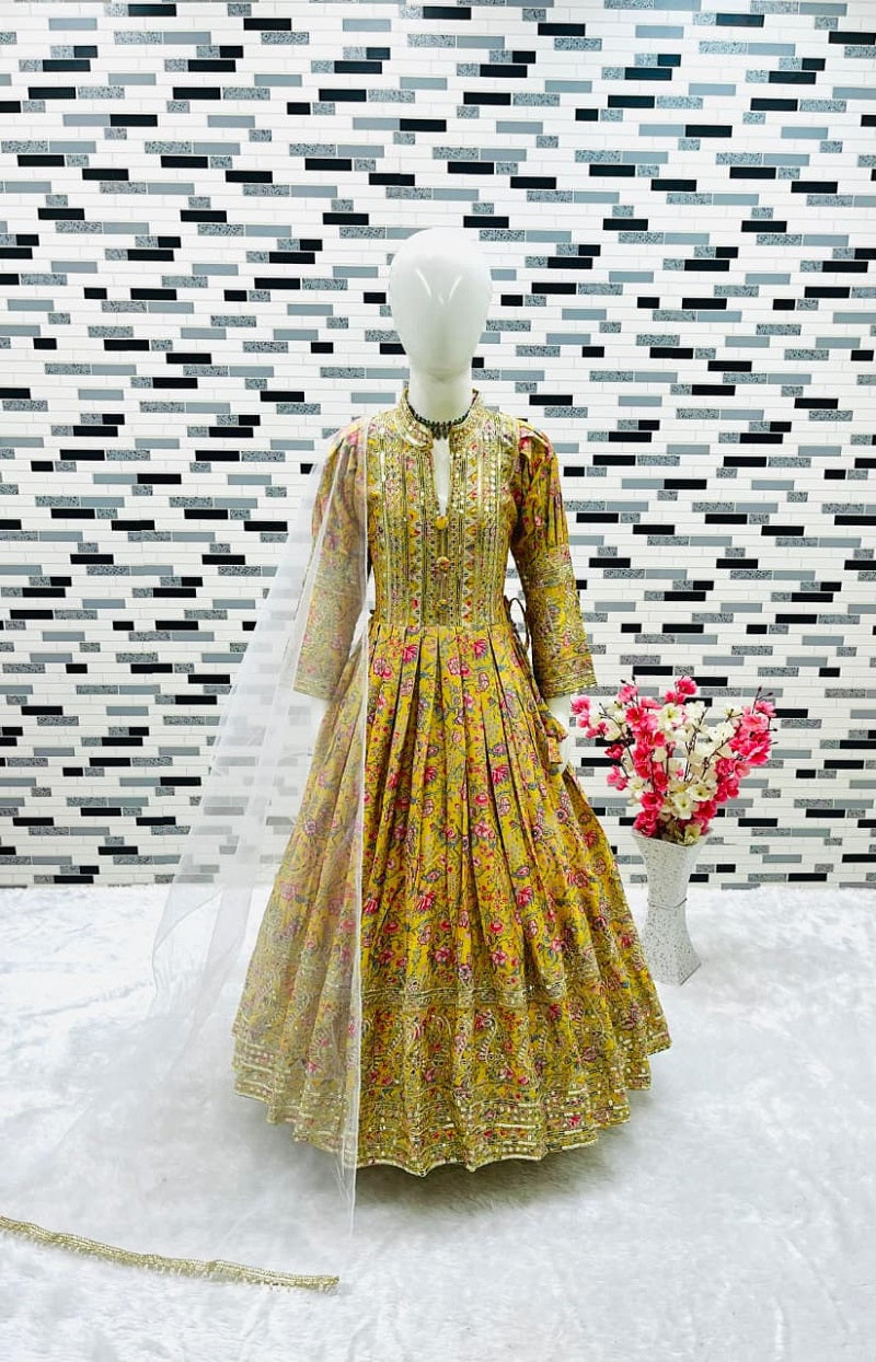 Evanik Yellow Kids Chinon Silk Digital Print With Embroidered Work Wedding Gown