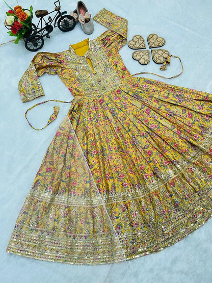 Evanik Yellow Kids Chinon Silk Digital Print With Embroidered Work Wedding Gown