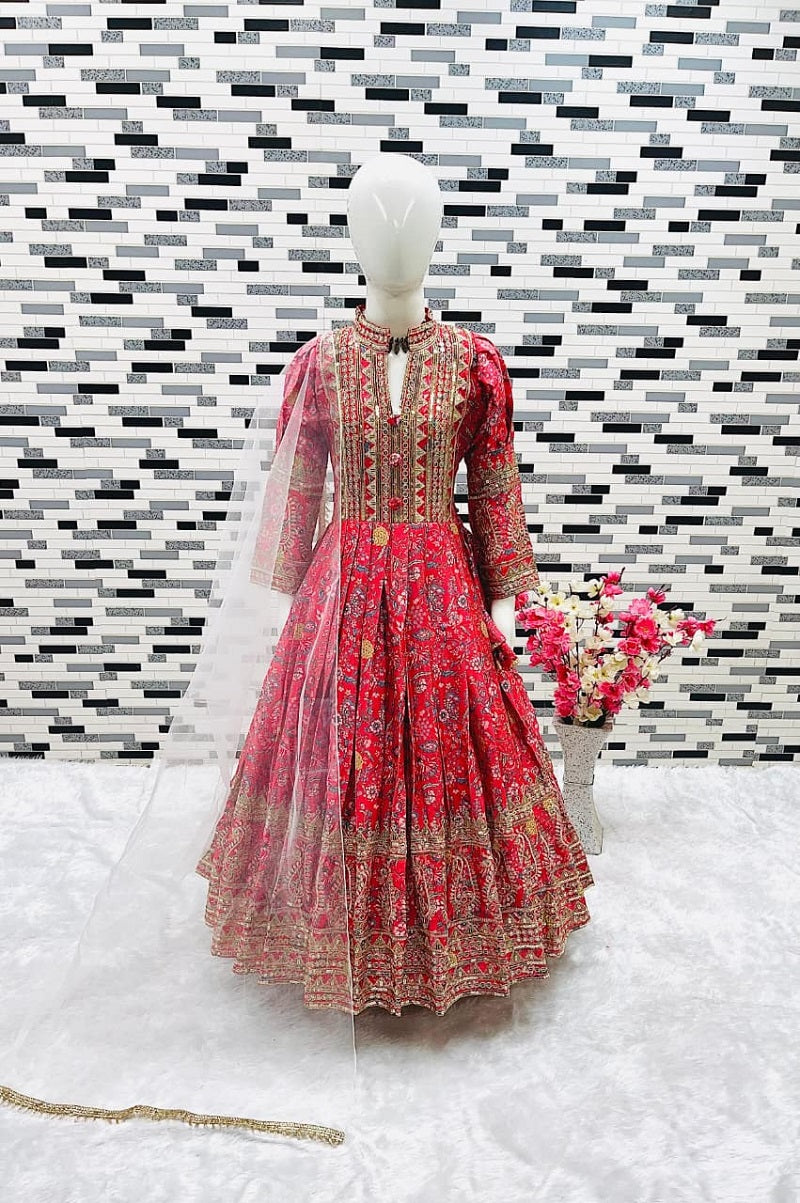Evanik Red Kids Chinon Silk Digital Print With Embroidered Work Wedding Gown