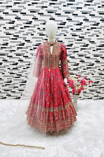 Evanik Red Kids Chinon Silk Digital Print With Embroidered Work Wedding Gown