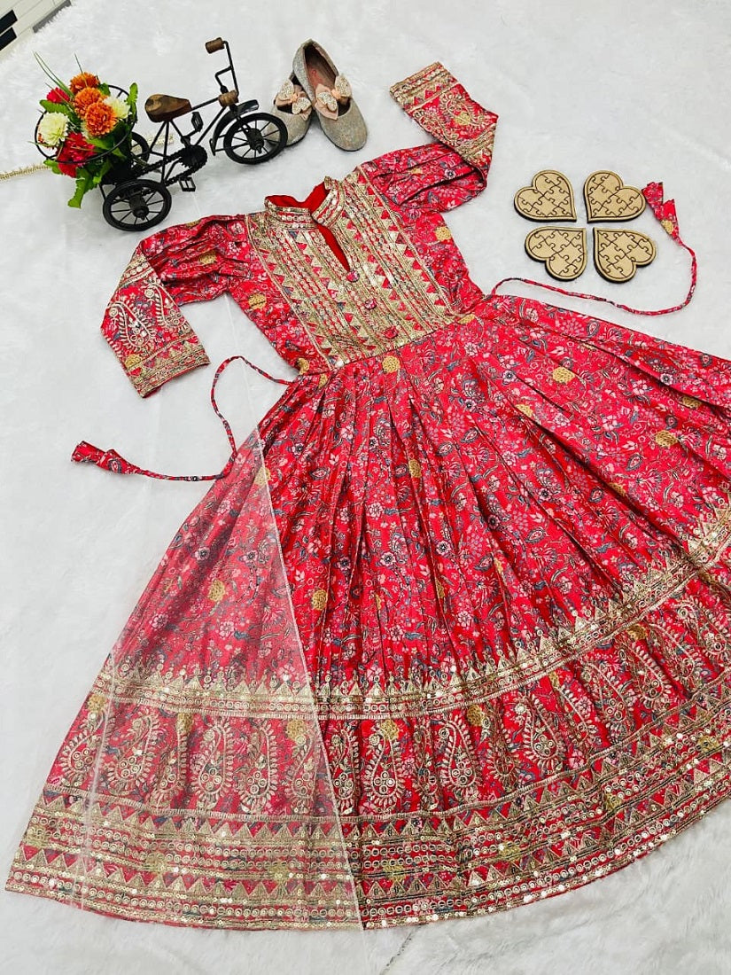 Evanik Red Kids Chinon Silk Digital Print With Embroidered Work Wedding Gown