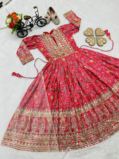 Evanik Red Kids Chinon Silk Digital Print With Embroidered Work Wedding Gown