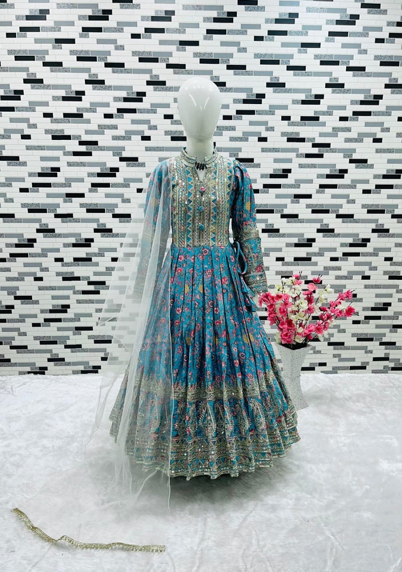 Evanik Turquoise Kids Chinon Silk Digital Print With Embroidered Work Wedding Gown
