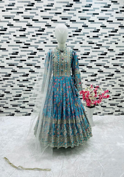 Evanik Turquoise Kids Chinon Silk Digital Print With Embroidered Work Wedding Gown