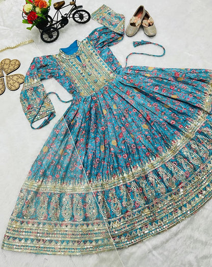 Evanik Turquoise Kids Chinon Silk Digital Print With Embroidered Work Wedding Gown
