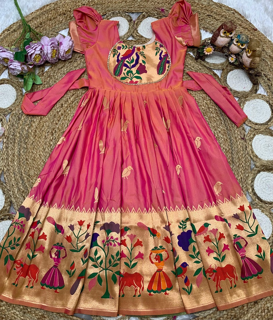 Evanik Pink Soft Paithani Silk Zari Weaving Birds Pattern Kids Gown