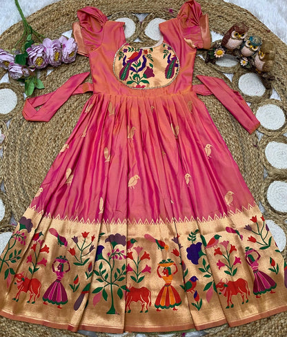 Evanik Pink Soft Paithani Silk Zari Weaving Birds Pattern Kids Gown