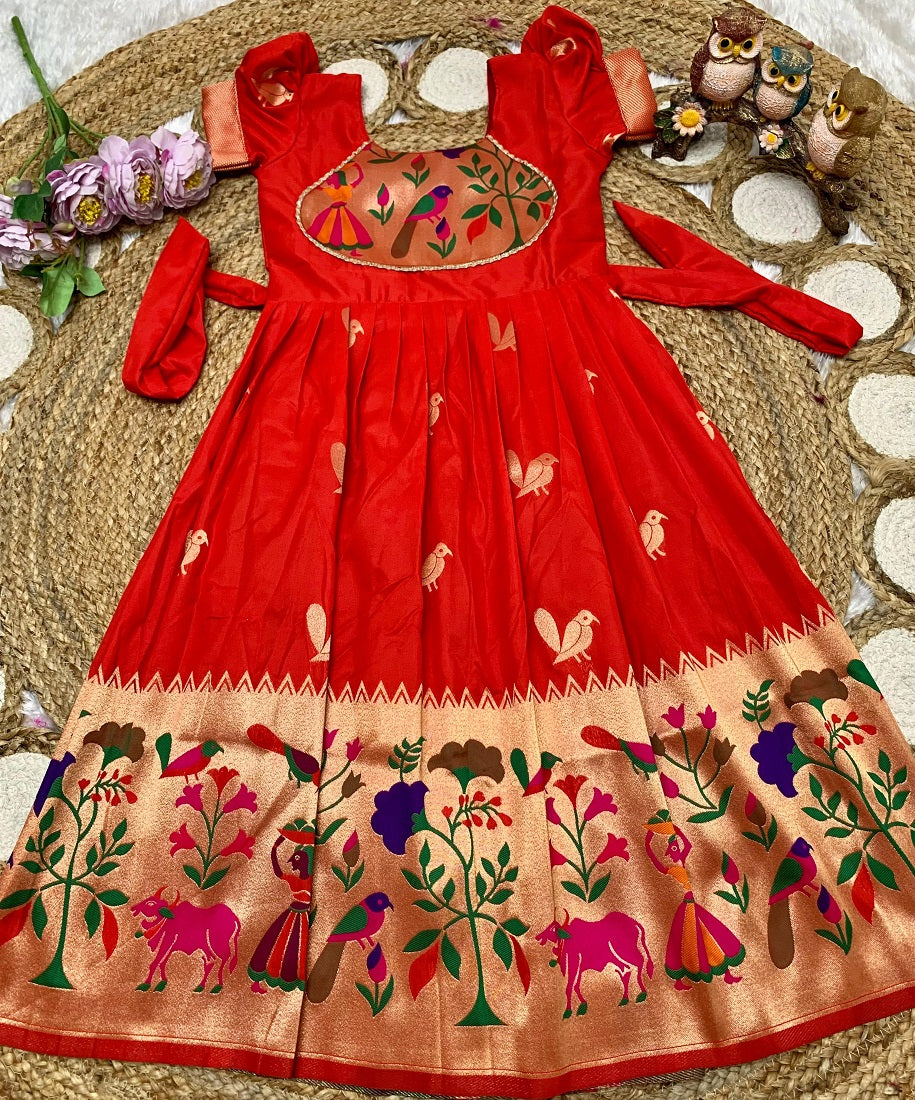 Evanik Red Soft Paithani Silk Zari Weaving Birds Pattern Kids Gown