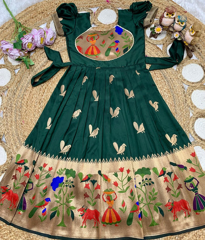 Evanik Green Soft Paithani Silk Zari Weaving Birds Pattern Kids Gown