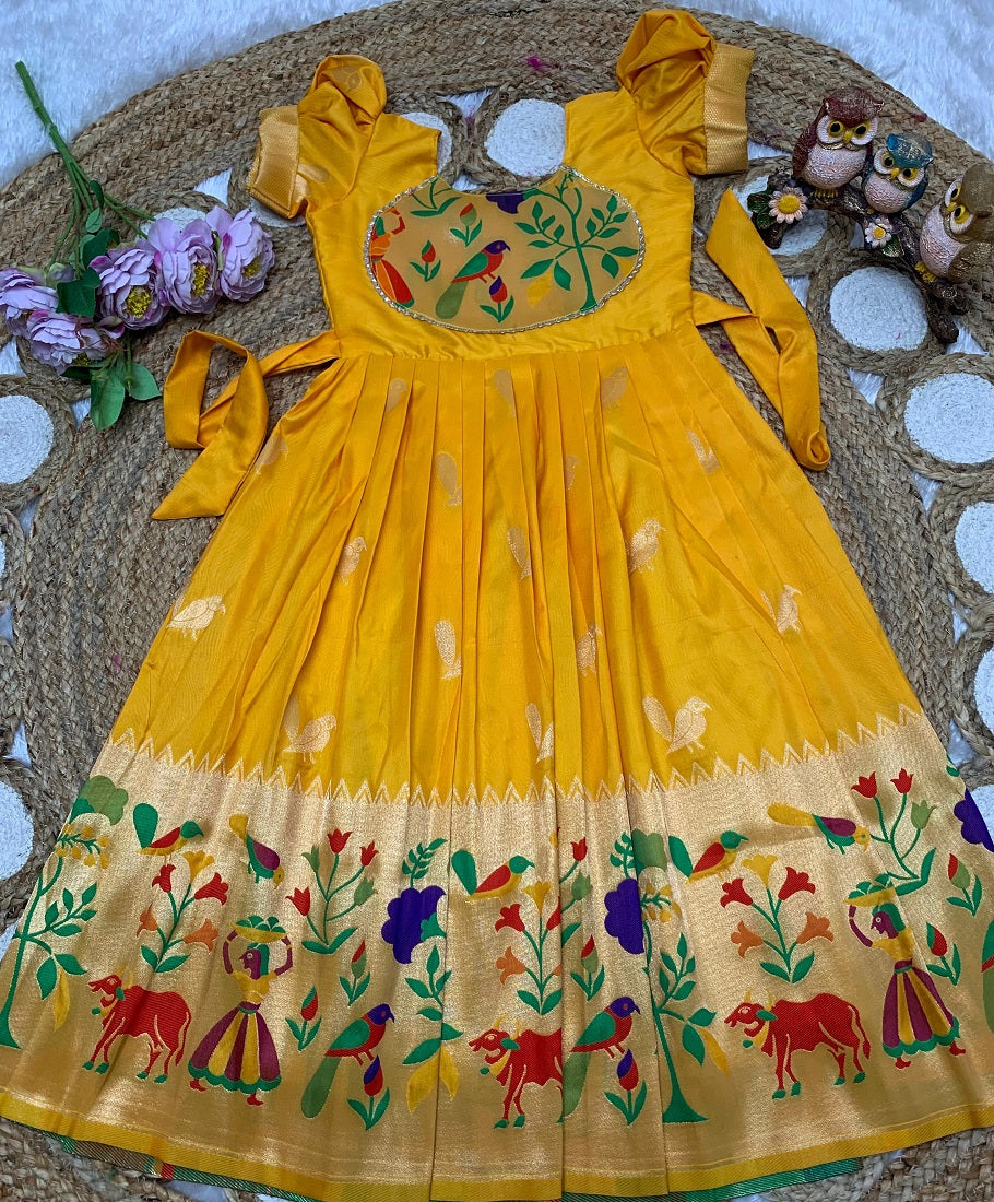 Evanik Yellow Soft Paithani Silk Zari Weaving Birds Pattern Kids Gown
