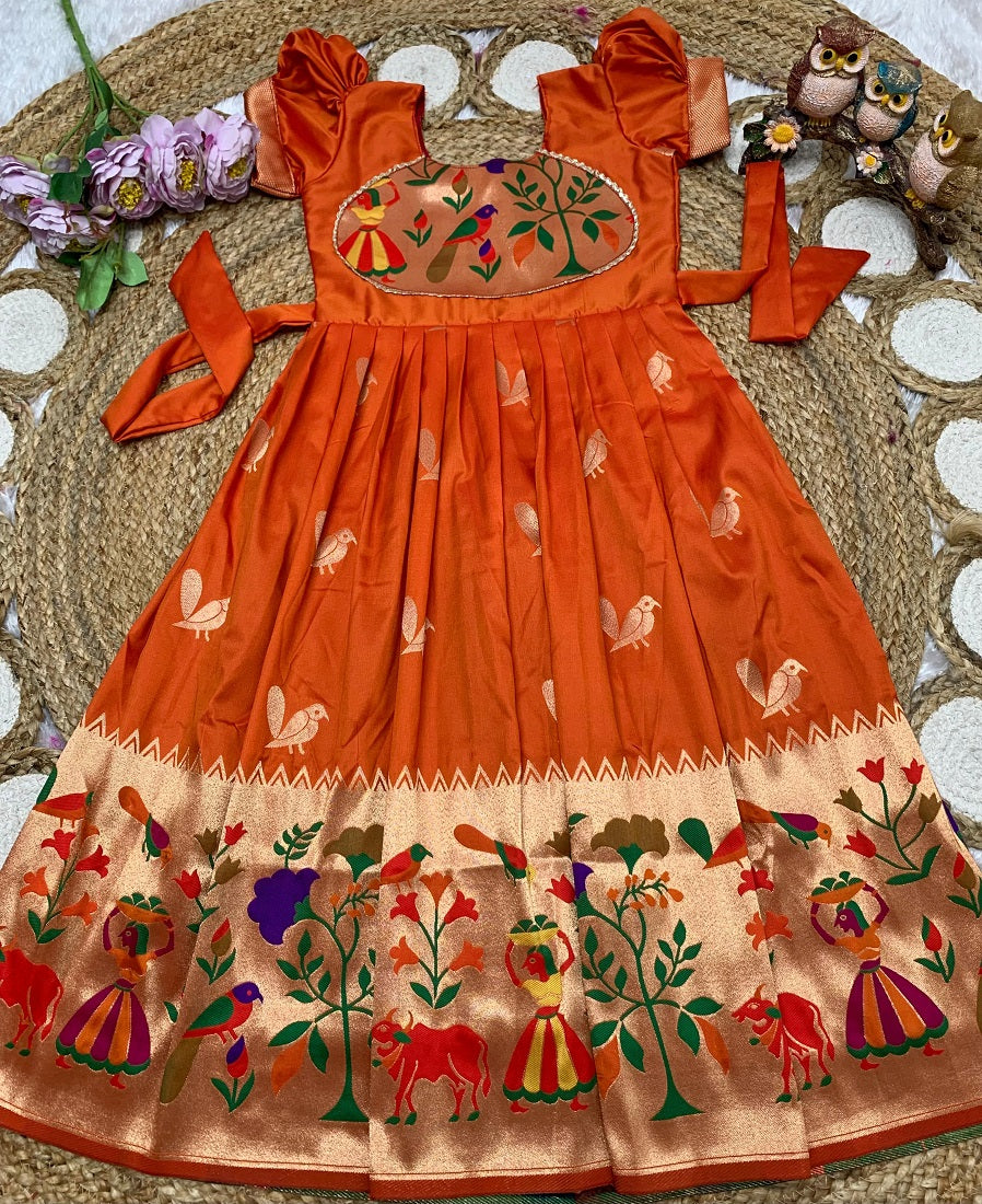 Evanik Orange Soft Paithani Silk Zari Weaving Birds Pattern Kids Gown