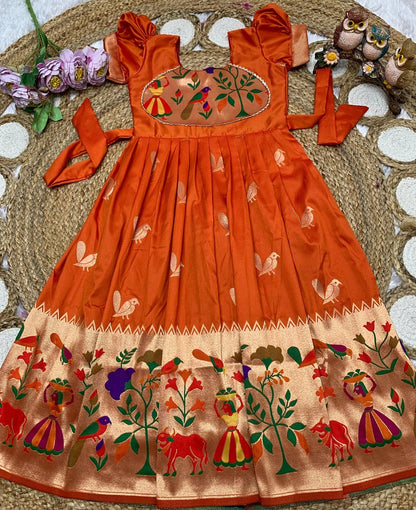 Evanik Orange Soft Paithani Silk Zari Weaving Birds Pattern Kids Gown