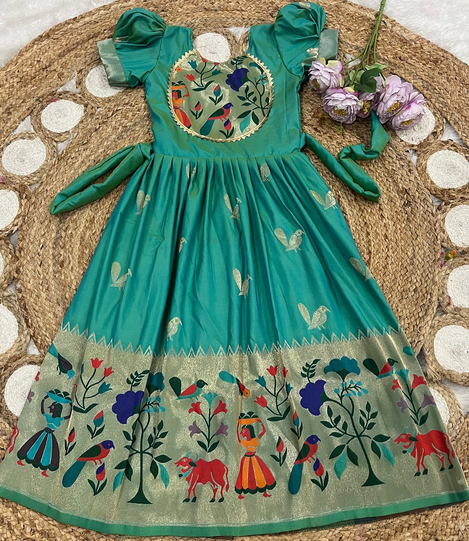 Evanik Rama Green Soft Paithani Silk Zari Weaving Birds Pattern Kids Gown