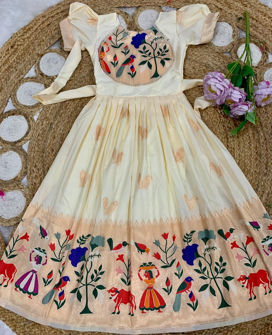 Evanik White Soft Paithani Silk Zari Weaving Birds Pattern Kids Gown
