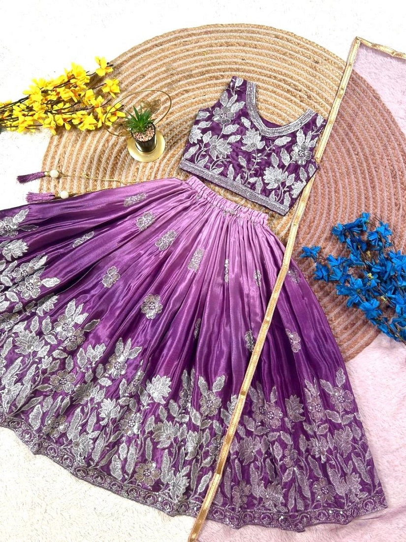 Evanik Purple Designer Sequence Embroidered Work Wedding Kids Lehenga Choli