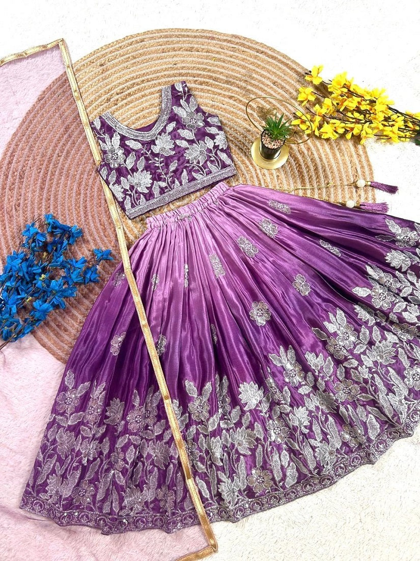 Evanik Purple Designer Sequence Embroidered Work Wedding Kids Lehenga Choli