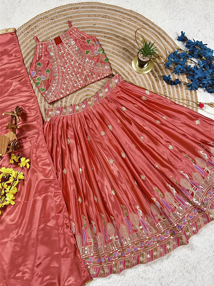 Evanik Kids Girls Pink Embroidered Silk Lehenga Choli Set with Dupatta