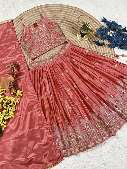 Evanik Kids Girls Pink Embroidered Silk Lehenga Choli Set with Dupatta