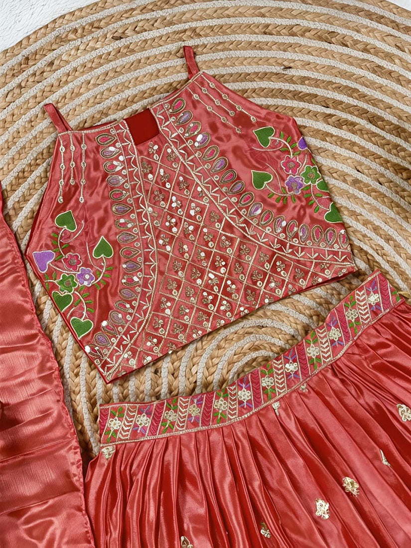 Evanik Kids Girls Pink Embroidered Silk Lehenga Choli Set with Dupatta