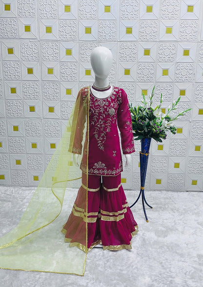 Evanik Designer Girls Ranipink Georgette Embroidered Kurta Gharara Set with Net Dupatta