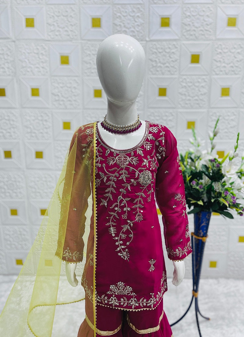Evanik Designer Girls Ranipink Georgette Embroidered Kurta Gharara Set with Net Dupatta