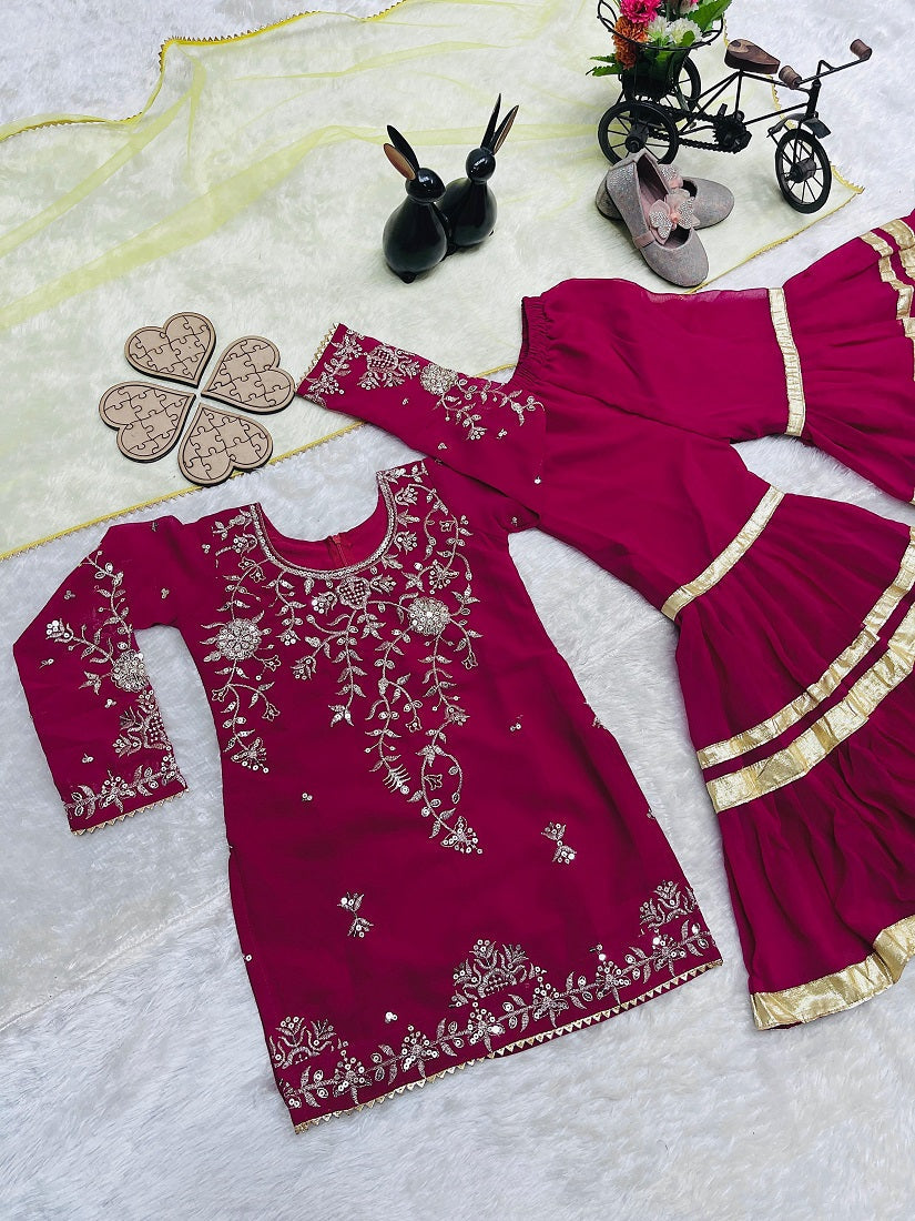 Evanik Designer Girls Ranipink Georgette Embroidered Kurta Gharara Set with Net Dupatta