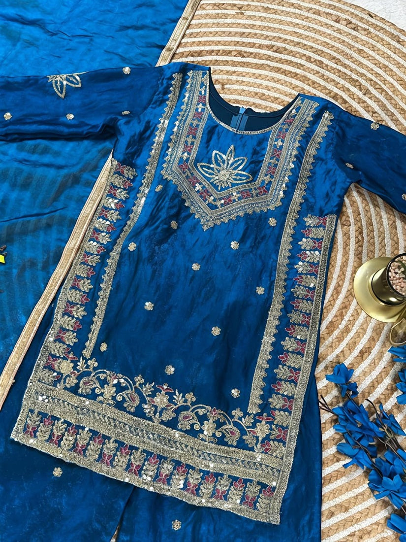 Evanik Royal Blue Embroidered Kids Palazzo Suit with Plain Dupatta PartyWear Ethnic Set for Girls
